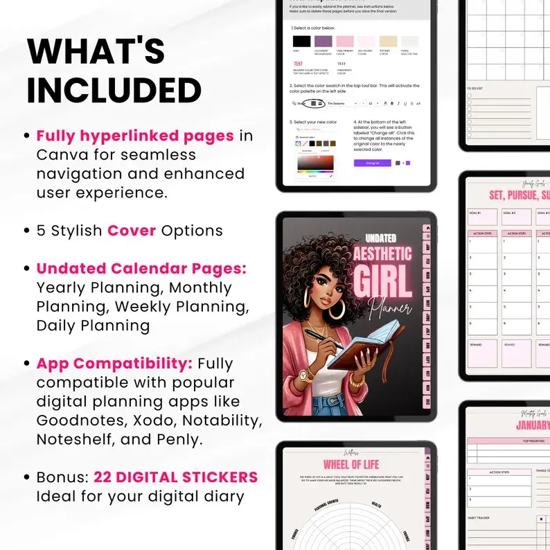 Aesthetic Girl Digital Planner + 22 Beautiful Digital Stickers (with Resell Rights) - Image 2